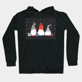 Three Christmas Gnomes with Snowflakes and Presents on Dark Grey Background Hoodie